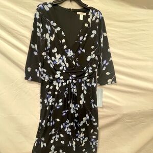 LONDON TIMES Black 3/4 Sleeve Faux Wrap Flower Bud Dress 12